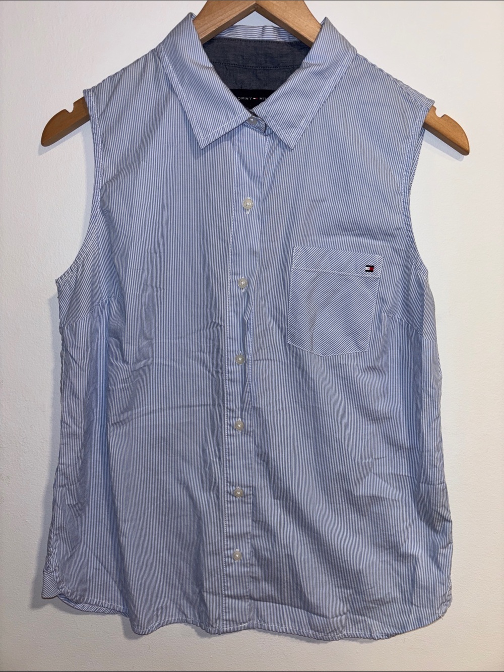 Tommy Hilfiger Light Blue and White Pinstripe Sleeveless Button Shirt